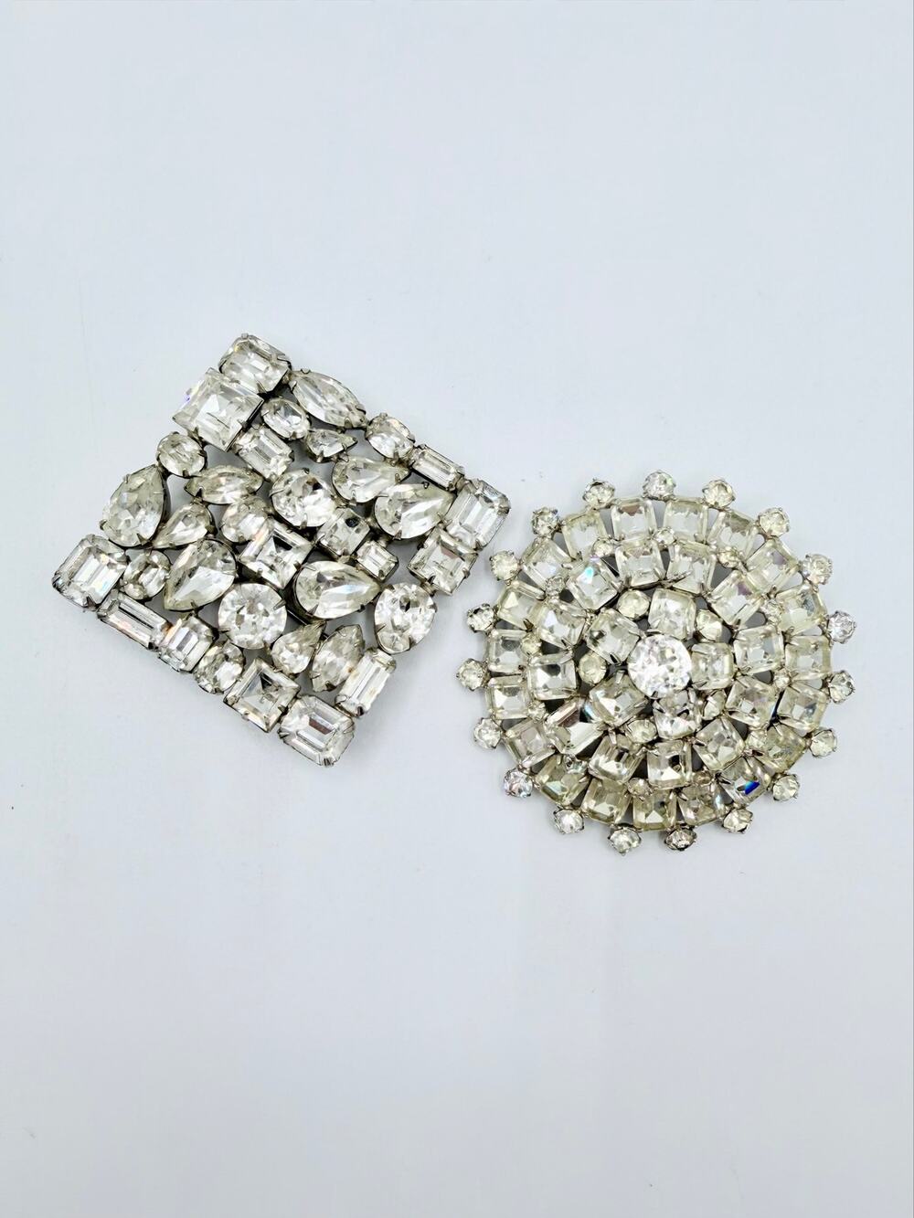Vintage WEISS Rhinestone Brooch Pair Signed Clear Crystal Round Square Pins